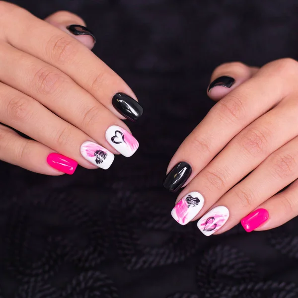 Beautiful Female Hands Fashion Manicure Nails Hearts Valentine Day Design — Foto de Stock