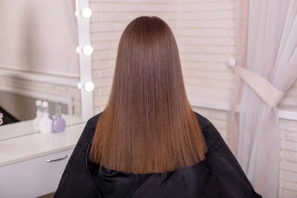 Female back with long straight brunette hair in hairdressing salon