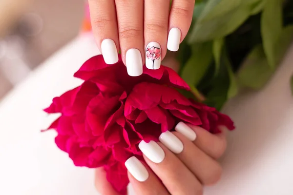 Close Uitzicht Mooie Vrouwelijke Handen Met Romantische Manicure Nagels Roze — Stockfoto