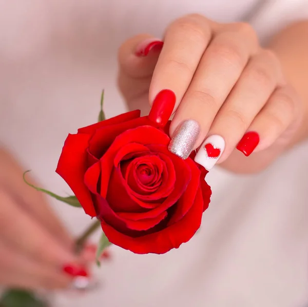 Beautiful Female Hands Romantic Manicure Nails Hearts Valentine Day Design Stock Photo
