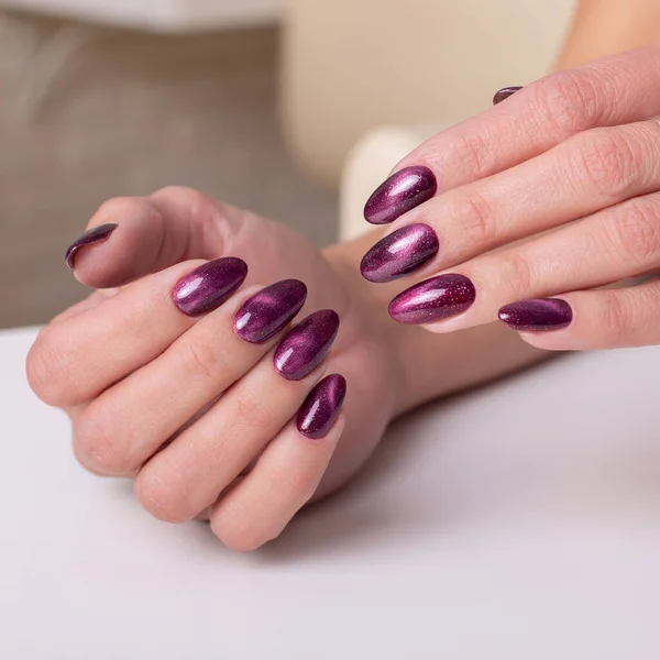 Beautiful Female Hands Manicure Nails Maroon Gel Polish White Background — Stock Photo, Image