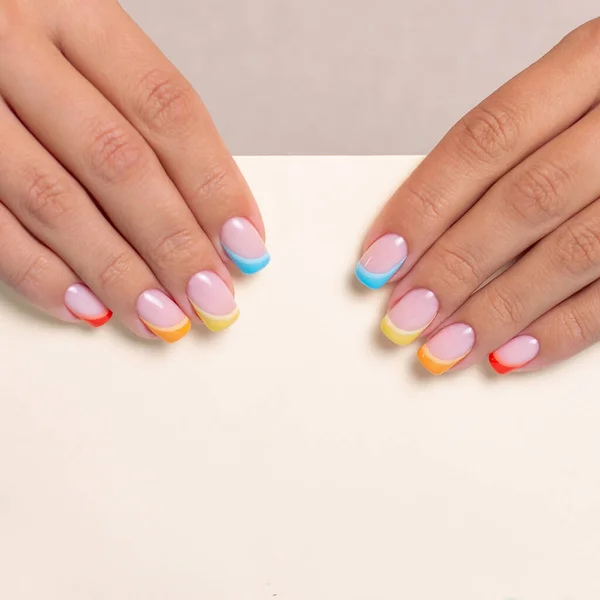 Beautiful Female Hands Colourful Manicure Nails Rainbow Design — Stock Photo, Image