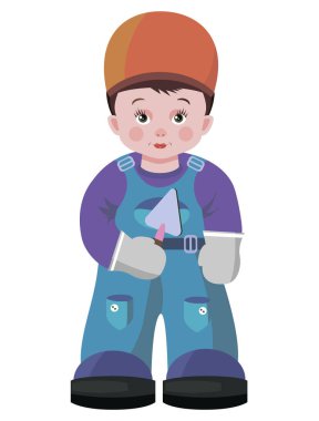 Elinde aletle inşaatçı kılığında bir çocuk. Beyaz arkaplanda vektör resmi.