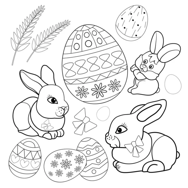 Paskalya Yumurtalarının Arka Planında Bir Tavşan Resmi Renklendirme Için Siyah — Stok Vektör