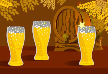 Bar tezgahı. Bira bardaklara doldurulur. Köpüklü bira..