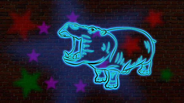 Grafik görüntüleme, neon parlak ışık. Büyük bir su aygırının çizgi film tarzındaki görüntüsü.