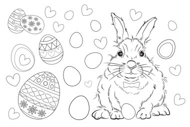 Paskalya. Doğrusal tavşan görüntüsü. Tamamen beyaz görüntü, izole edilmiş. Çocuklar için renklendirme.