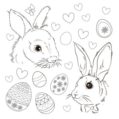 Paskalya. Doğrusal tavşan görüntüsü. Tamamen beyaz görüntü, izole edilmiş. Çocuklar için renklendirme.
