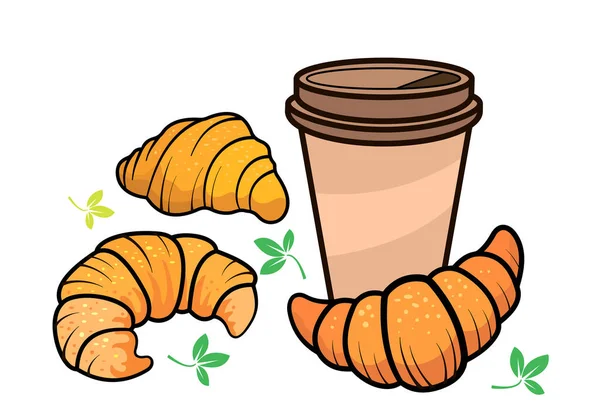 Kaffepaus Bild Croissanter Och Kaffe Vit Bakgrund Linje Ritning Färg — Stockfoto