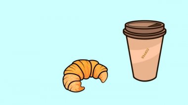 Kruvasan ve kahve. Tasarım ve web için renkli bir arkaplanda canlandırma.