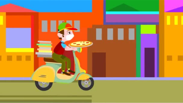 Zabawny Dostawca Pizzy Jeździ Zielonym Motocyklu — Wideo stockowe