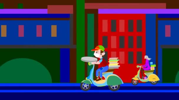 面白いピザ配達男の子乗りますA緑のオートバイ — ストック動画
