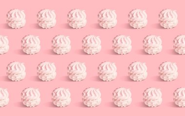 Renkli bir arka planda marşmelovun üç boyutlu görüntüsü. Yemekle pankart, lokum.