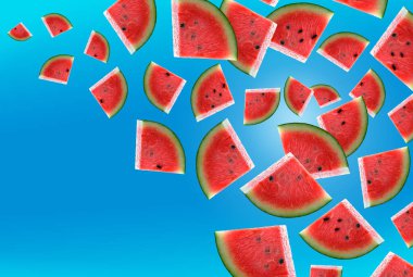 Karpuz. Renkli bir arka planda dilimlenmiş karpuz dilimleri, bir pankart, bir kartpostal..