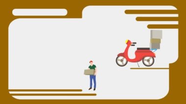 Eve servis pizzası, paketler. Bir kişi karton kutularda bir paket alır bir kuryeden. Canlandırma.