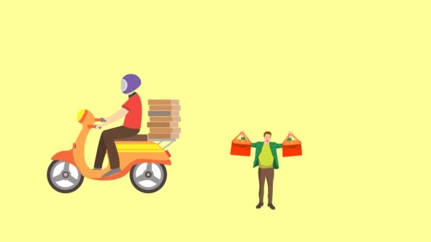 Dostawa Pizzy Paczek Osoba Otrzymuje Paczkę Pudełkach Kartonowych Kuriera Animacja — Wideo stockowe
