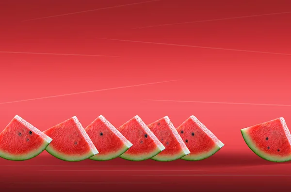 Watermelon. A composition of sliced watermelon slices on a colored background, a banner, a postcard.