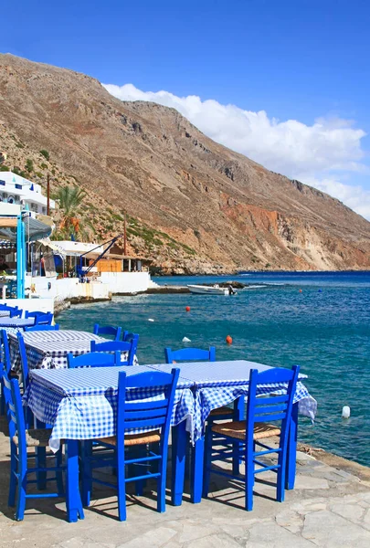 Tafel Met Blauwe Witte Servetten Loutro Zuid West Kreta Griekenland — Stockfoto