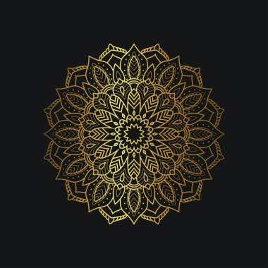 Altın renkli lüks mandala tasarımı. Siyah arka planda lüks altın çiçekli süs. Grafik kaynakları için uygun, düğün davetiyesi, kartvizit, duvar kağıdı.