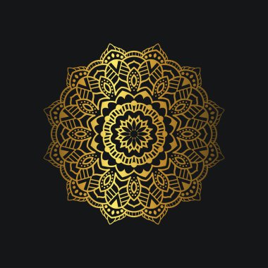 Altın renkli lüks mandala tasarımı. Siyah arka planda lüks altın çiçekli süs. Grafik kaynakları için uygun, düğün davetiyesi, kartvizit, duvar kağıdı.