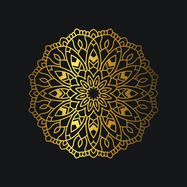 Altın renkli lüks mandala tasarımı. Siyah arka planda lüks altın çiçekli süs. Grafik kaynakları için uygun, düğün davetiyesi, kartvizit, duvar kağıdı.