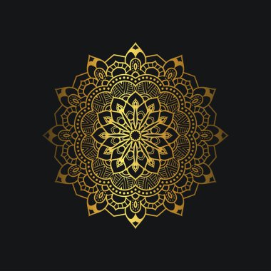 Altın renkli lüks mandala tasarımı. Siyah arka planda lüks altın çiçekli süs. Grafik kaynakları için uygun, düğün davetiyesi, kartvizit, duvar kağıdı.