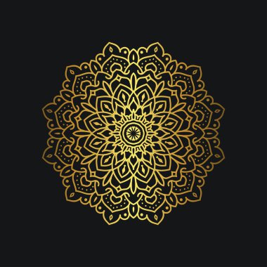 Altın renkli lüks mandala tasarımı. Siyah arka planda lüks altın çiçekli süs. Grafik kaynakları için uygun, düğün davetiyesi, kartvizit, duvar kağıdı.
