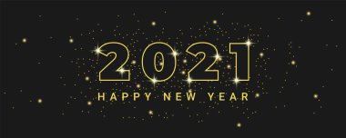 Lüks 2021 Mutlu Yıllar geçmişi. Altın metalik numaralar 2021 ve ışıldayan parıltılar. Siyah zemin üzerinde yıldızlar olan 2021 altın sayısının ana hatları.