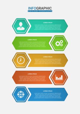 Son moda altıgen seçenekler. Bilgi grafikleri için 5 adımda yaratıcı iş sunumu tasarımı. Çalışma akışı, yıllık rapor, grafik düzeni, broşür, iş raporu için uygun grafik kaynak unsurları.