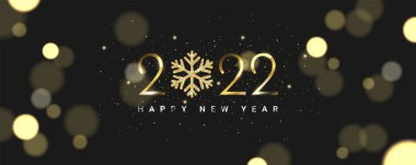 Lüks 2022 Mutlu Yıllar geçmişi. Siyah arkaplandaki bulanık sim parçacıkları. Tatil vektör çizimi. 2022 numaralı altın metalik parlayan kar taneleri ve ışıldayan pırıltılarıyla.