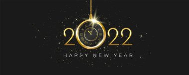Mutlu yıllar 2022. Lüks Yeni Yıl Kutlaması Sancağının antika altın saati asılı, ışıltılı simleri ve siyah arka planda yıldızları var. Gerçekçi 3 boyutlu nesne. Tatil vektör illüstrasyonu.