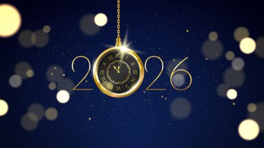 3D tasarım 2026, parlak altın rengi. Şatafatlı bir yeni yıl kutlaması kartı, klasik asılı saat, sim parçacıkları ve koyu mavi arka planda bokeh etkisi.
