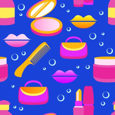 Kozmetik ve makyaj dikişsiz desen. Kırmızı ruj ve parlak, fırça, toz, ruj, oje ile kadının Closeup güzel dudaklar. Seksi ıslak dudak makyajı. Ağzını aç. Tatlı öpücük.