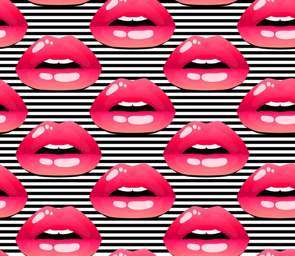 Cosmetics and makeup seamless pattern with black and white stripes. Closeup beautiful lips of woman with red lipstick and gloss. Sexy wet lip make-up. Open mouth. Sweet kiss. — Stock Vector