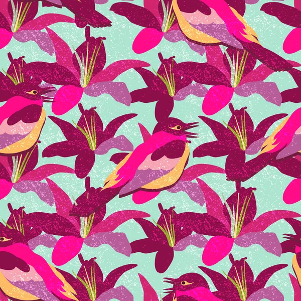 Modèle sans couture vectoriel avec des lis et des oiseaux. Illustration du fond floral . — Image vectorielle