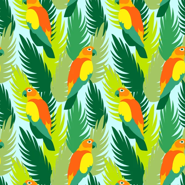 Papegaaien en tropische jungle bladeren, boom, mooie naadloze vector bloemmotief achtergrond, exotische print, wallpaper — Stockvector