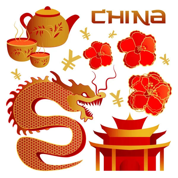 Eine Reihe von Objekten, die Elemente der chinesischen Tradition enthalten. Chinesisches Theme Icon Set. Vektorillustration — Stockvektor