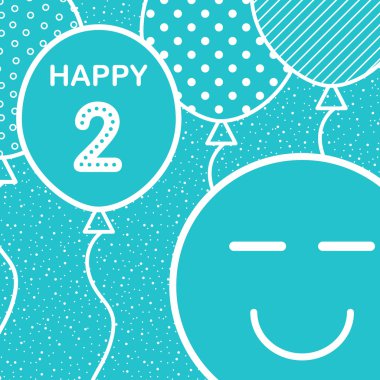 Happy Birthday iki 2 yıl, numara, metin etiketi ve renkli geometri tasarımı ile eğlenceli kutlama tebrik kartı. Vektör çizimi