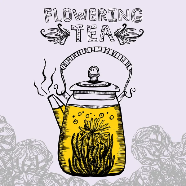 Ručně kreslené elegantní čajové konvice s čajem a květinami. Samostatná křída na tabuli. Prvky pozvání na večírek, menu, čajové večírky nebo blahopřání. Čas čaje. — Stockový vektor