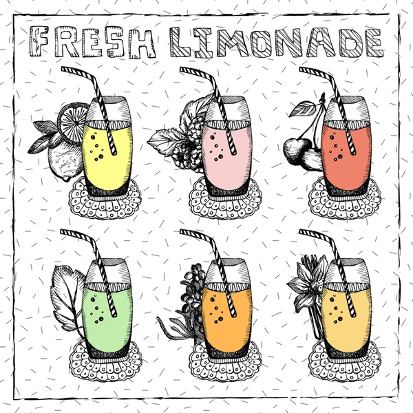 Σκίτσα από φρέσκια λεμονάδα, κοκτέιλ, λεμόνια, μέντα κ. λπ. Διανύση χειρός συλλογή ποτών σε λευκό φόντο σε στυλ σκίτσο. — Διανυσματικό Αρχείο
