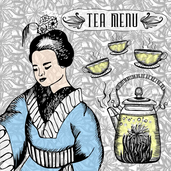 Kreslené menu pro vektorovou ruku s šálkem čaje, čajové konvice a gejša. Vektorová kresba prvek design. — Stockový vektor