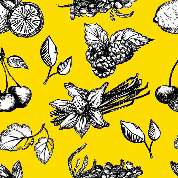 Patrón sin costuras con hierbas y frutas de cocina, tipos de té, vainilla, limón, menta, razz, cereza, espino amarillo. Adorno vectorial con fondo amarillo — Vector de stock