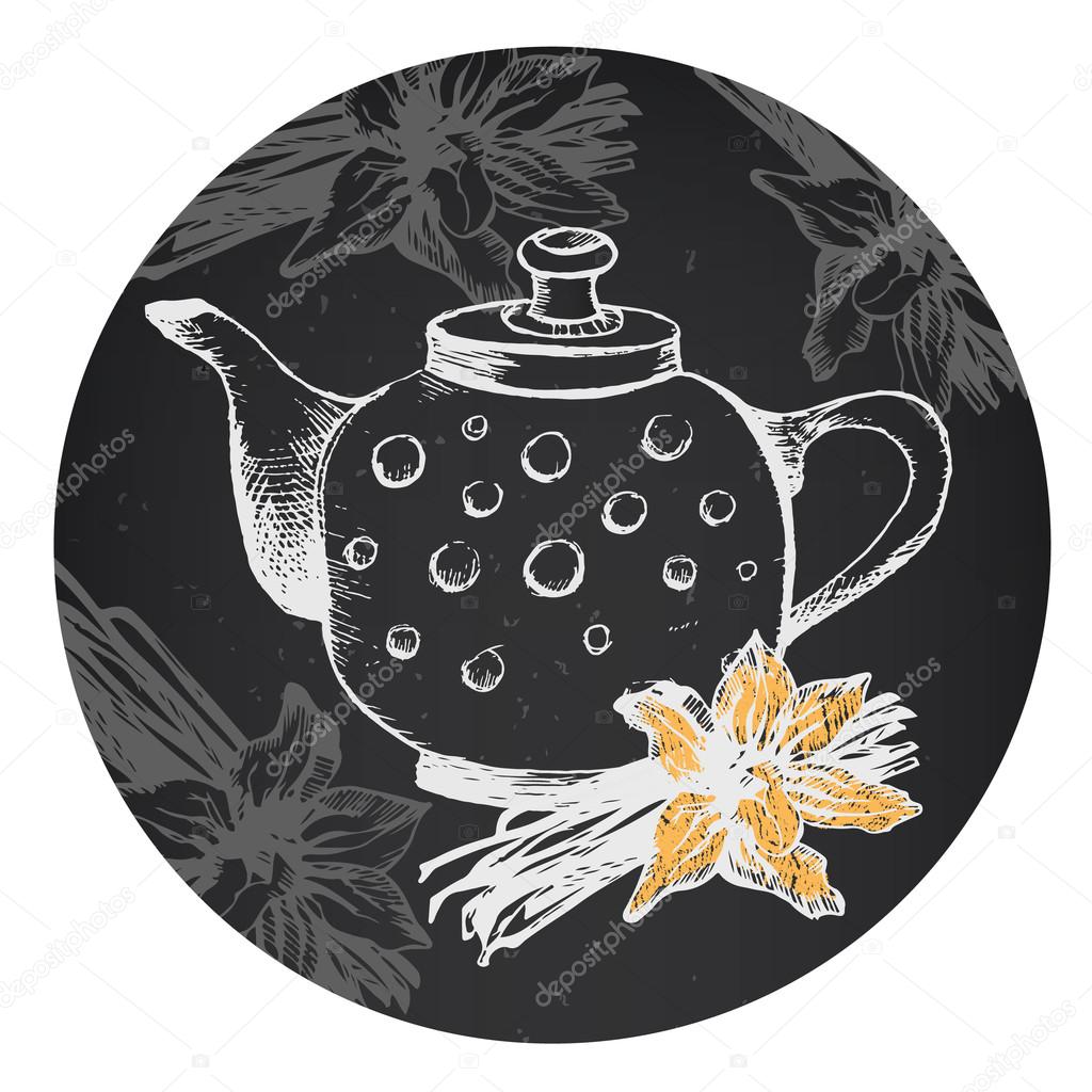 Vector teapot with seabuckthorn. Set of hand drawn vector illustration on a gray board. Freehand drawing with imitation of chalk sketch