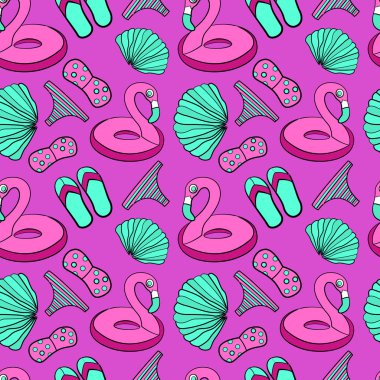 Elle çizilmiş yaz saati Tema seamless modeli. Beach Tema arka plan yaz elemanları ile. Vektör çizim.