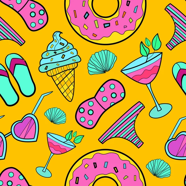 Hand drawn summer time theme vector seamless pattern. Beach them