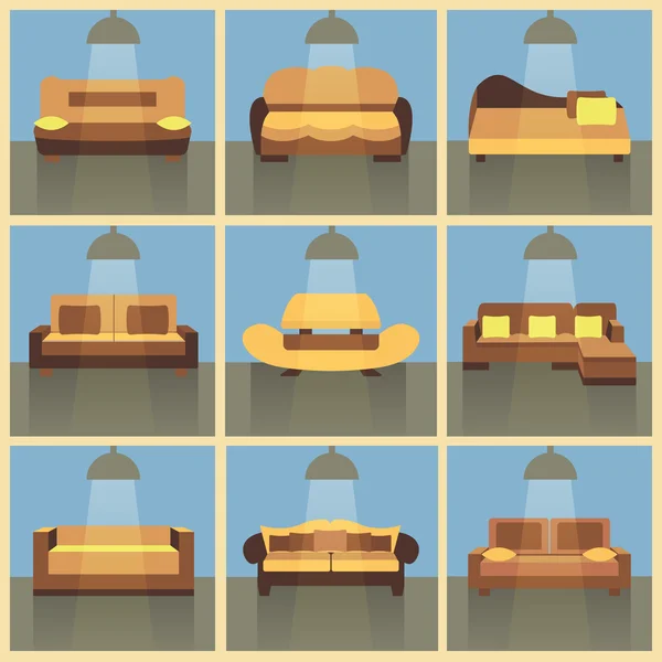 Modern flat color sofa icons vector set with long shadow effect. — ストックベクタ