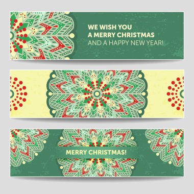 Set of winter christmas banners. Stylized Mandala illustration w