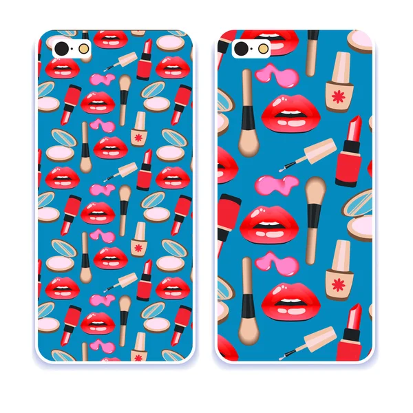 Phone case collection.Closeup beautiful lips of woman with red l — Stock Vector