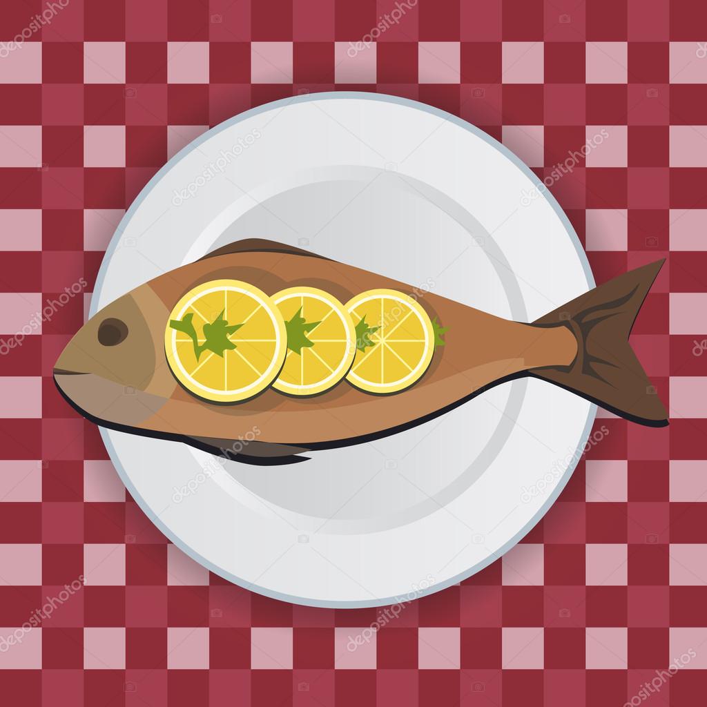 Fish on white plate with lemon and herbs. Food, seafood dish sym
