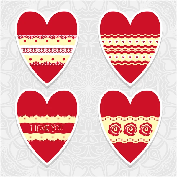 Ручной набор красных сердец. Красные валентинки со шнурками. V — стоковый вектор